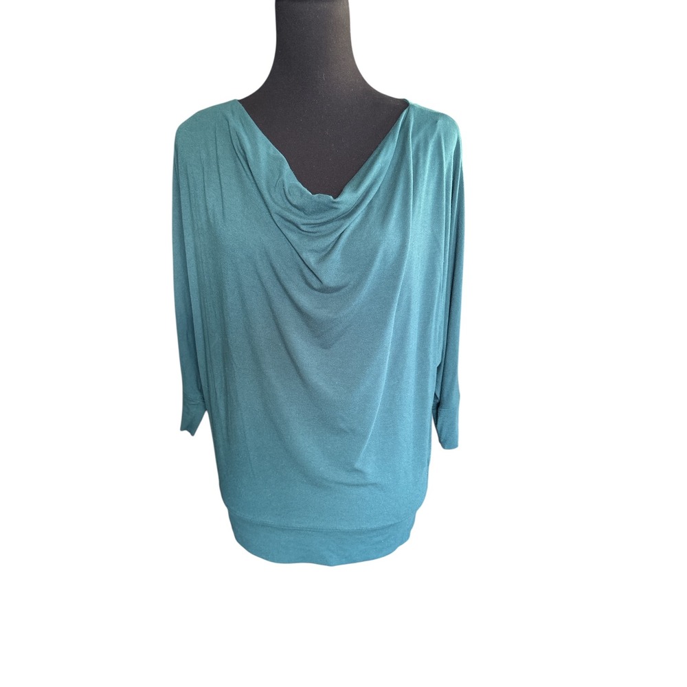Eileen Fisher 3/4 Sleeve Draped Cowl Neck Rayon Tunic Top in Dark Lagoon,Size XS